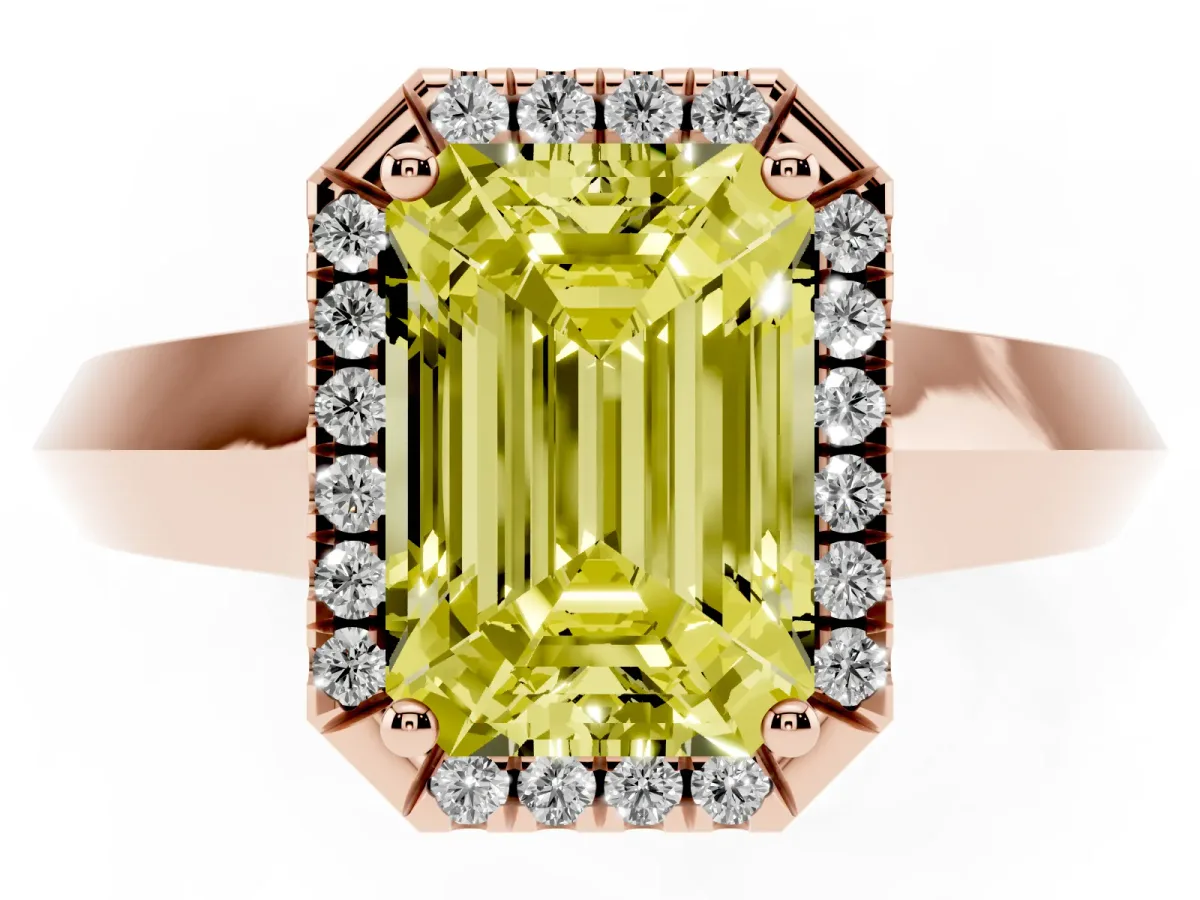 Fancy Yellow Emerald Cut Halo Diamond Ring with Cathedral Band and Four-Prong Setting Rose gold