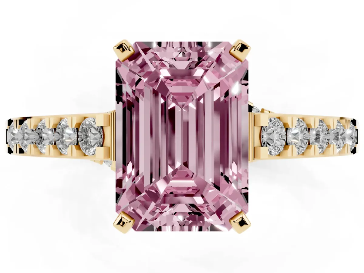 Fancy Pink Emerald Cut Diamond Solitaire Ring with Crossover Gallery and Round Pavé Band Yellow gold
