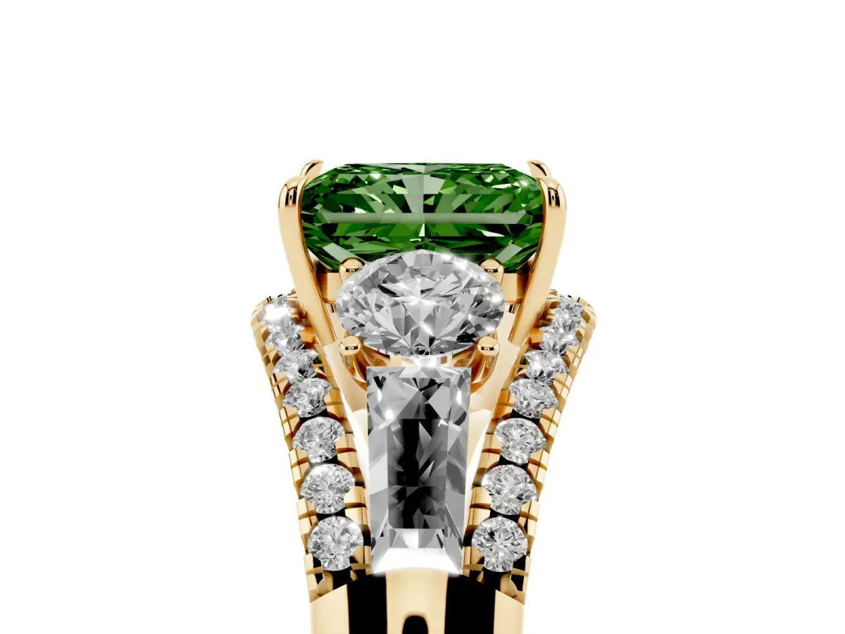 Fancy Green Three-Stone Radiant Cut Diamond Engagement Ring with Pave Band and Prong Setting Yellow gold