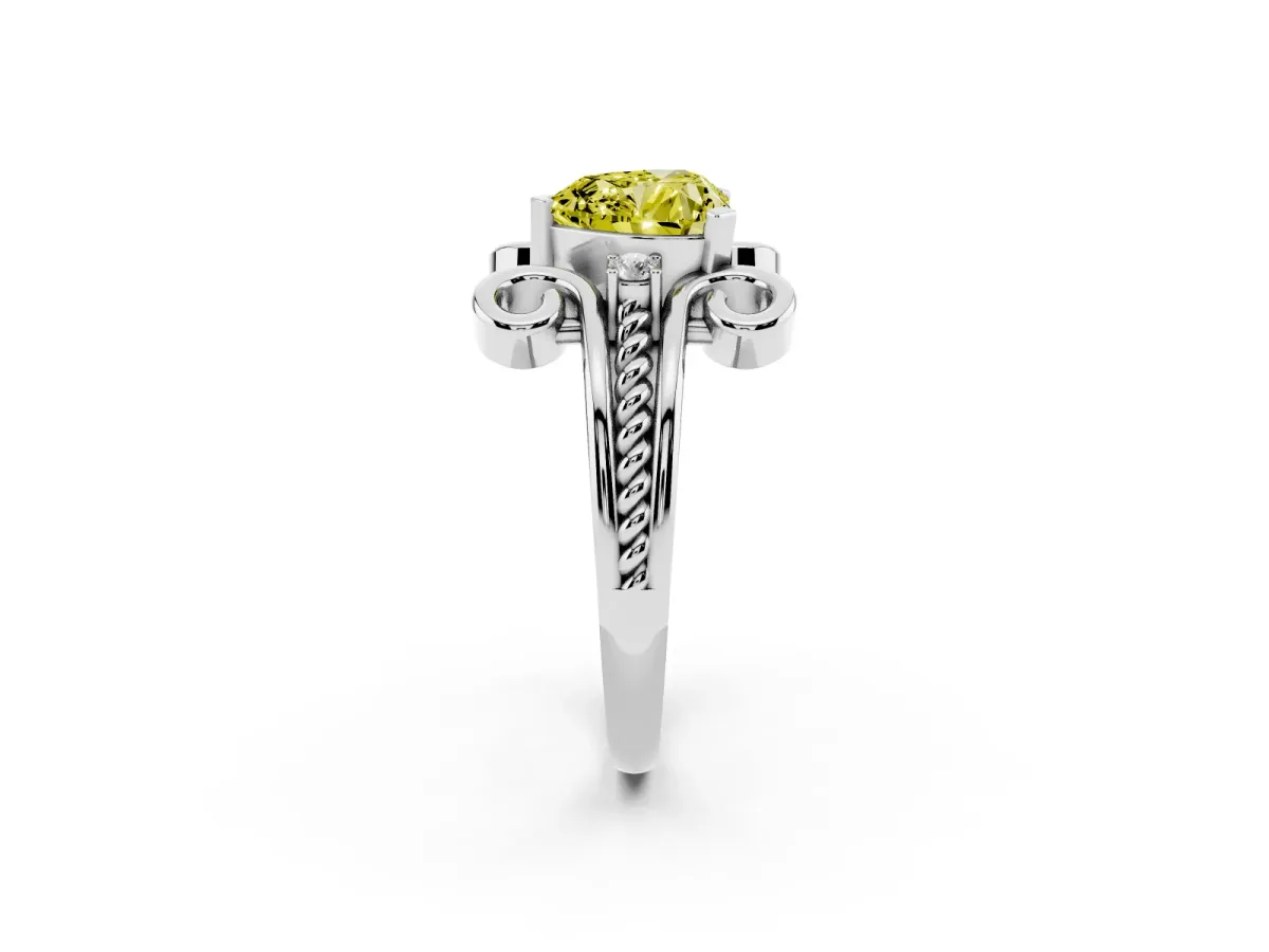 Fancy Yellow Heart Cut Solitaire Twisted Band Scroll Prong Ring Platinum