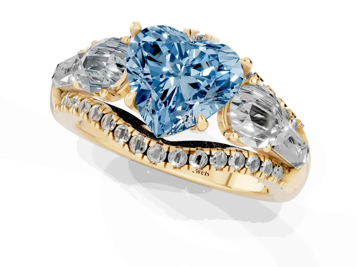 Fancy Blue Three-Stone Heart Cut Diamond Engagement Ring with Pave Band and Prong Setting Yellow gold