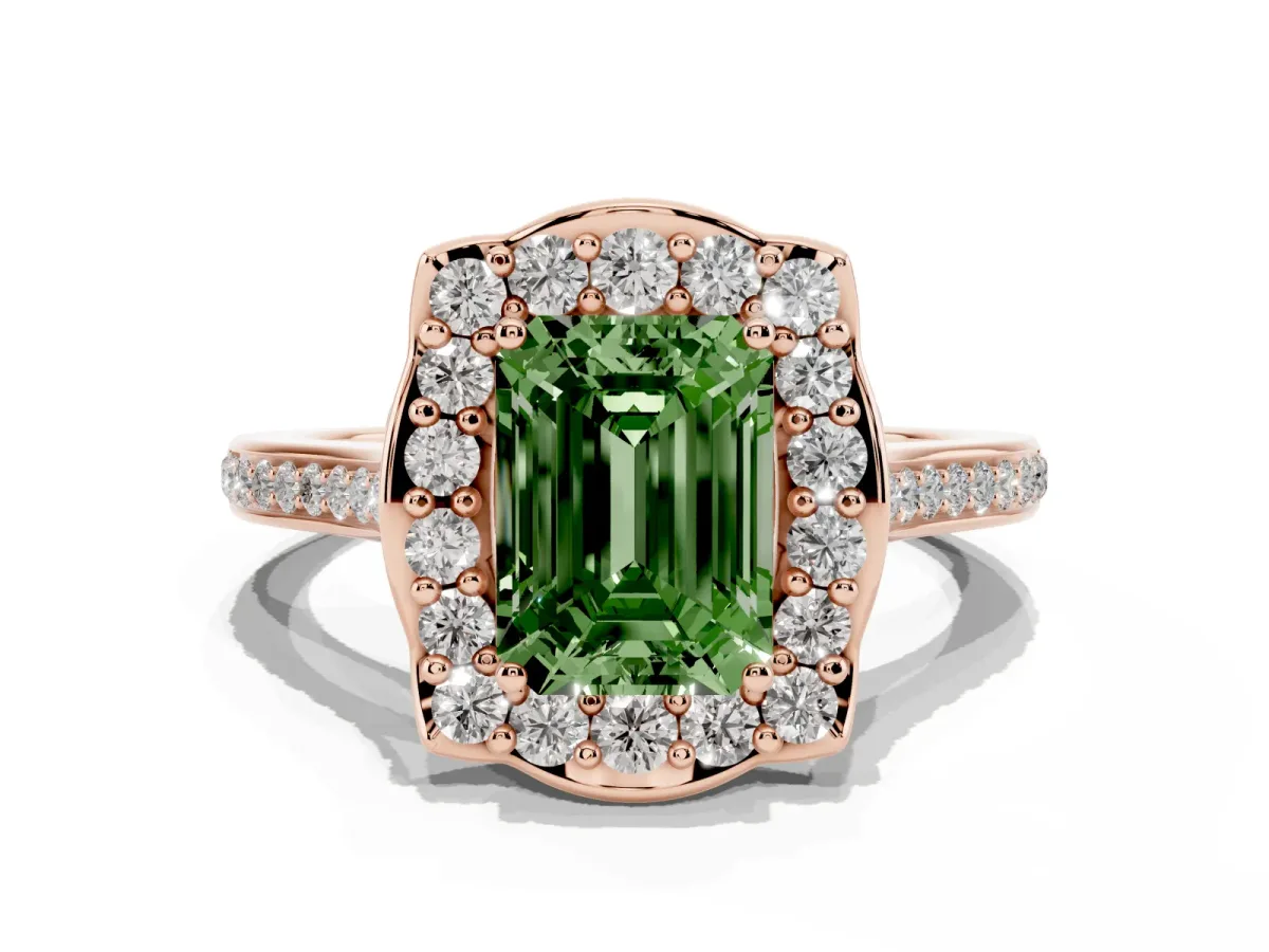 Fancy Green Emerald Cut Halo Round Diamond Pave Band with Four-Prong Setting Rose gold