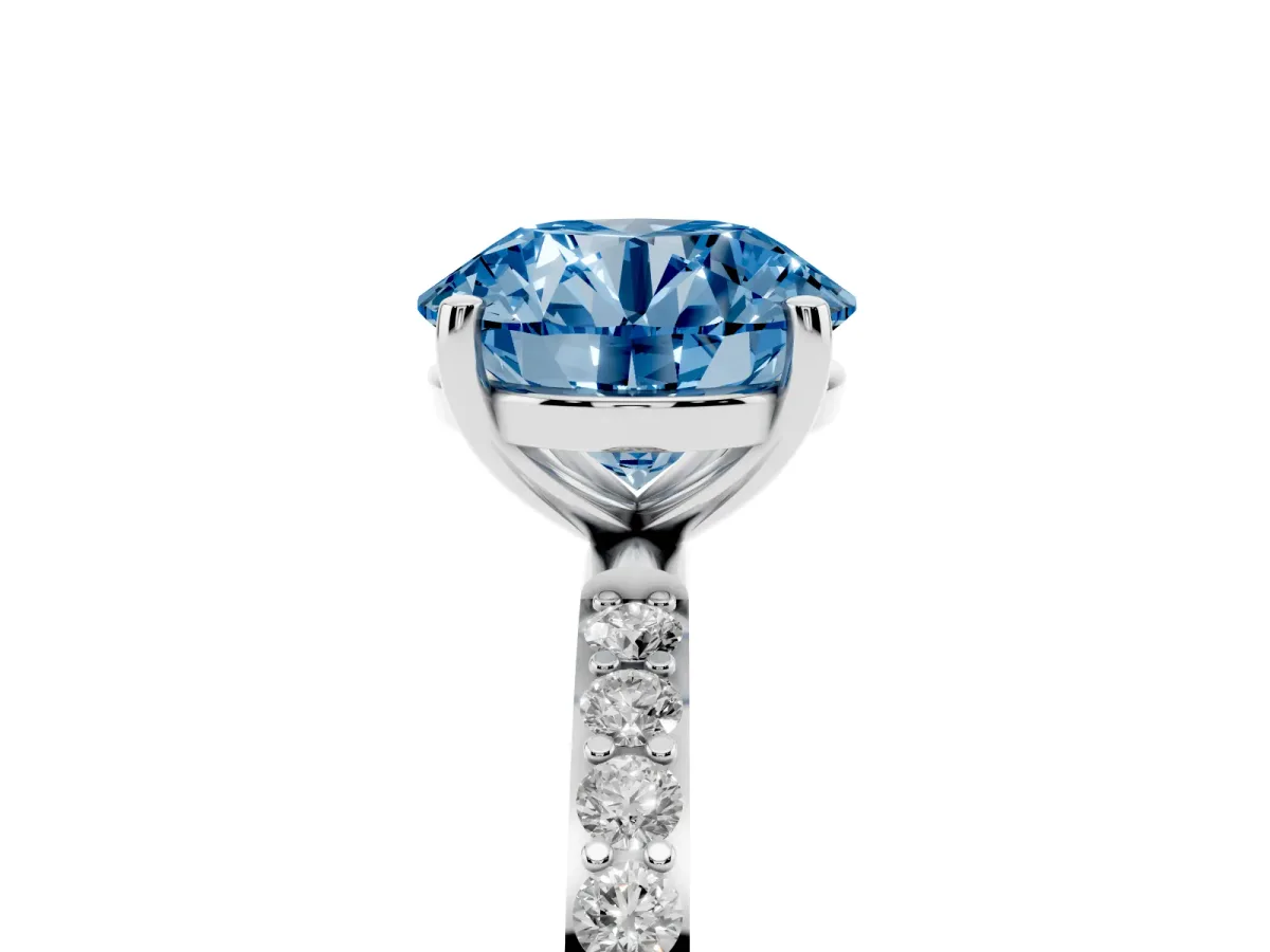 Fancy Blue Round Cut Diamond Solitaire Ring with Round Pavé Shoulders and Prong Setting Silver