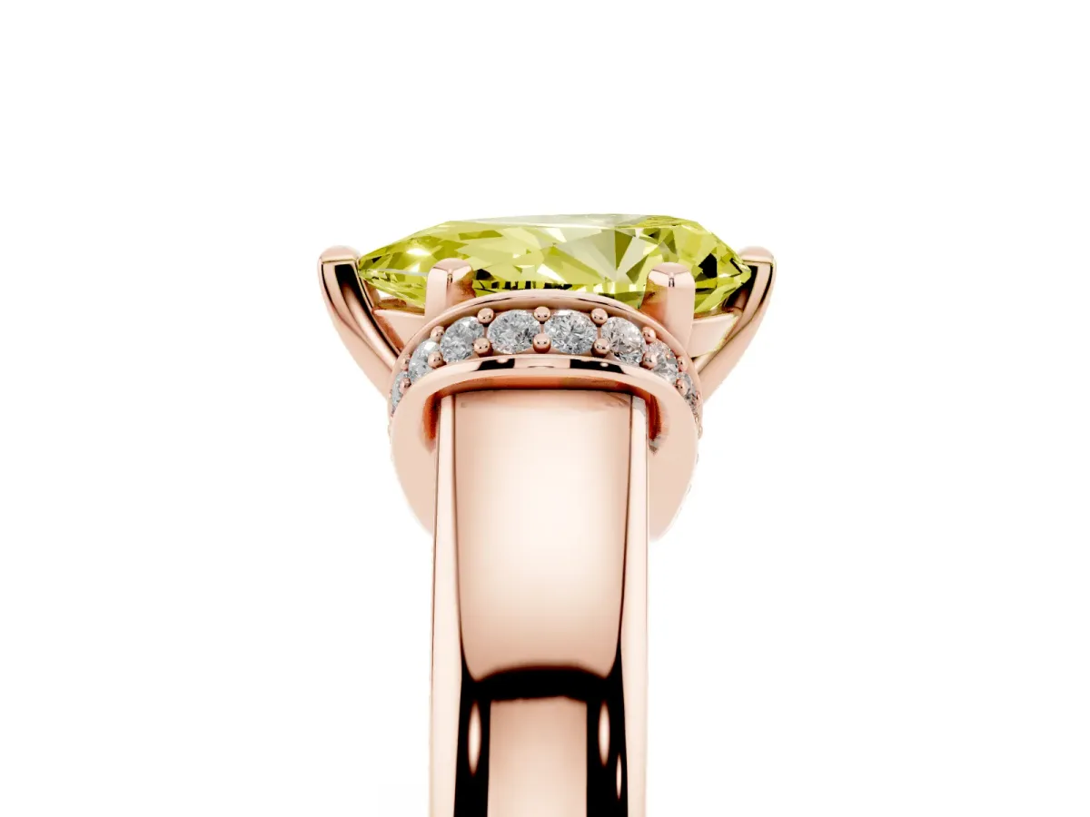 Fancy Yellow Pear Cut Solitaire Diamond Ring with Pave Band and Six-Prong Setting Rose gold