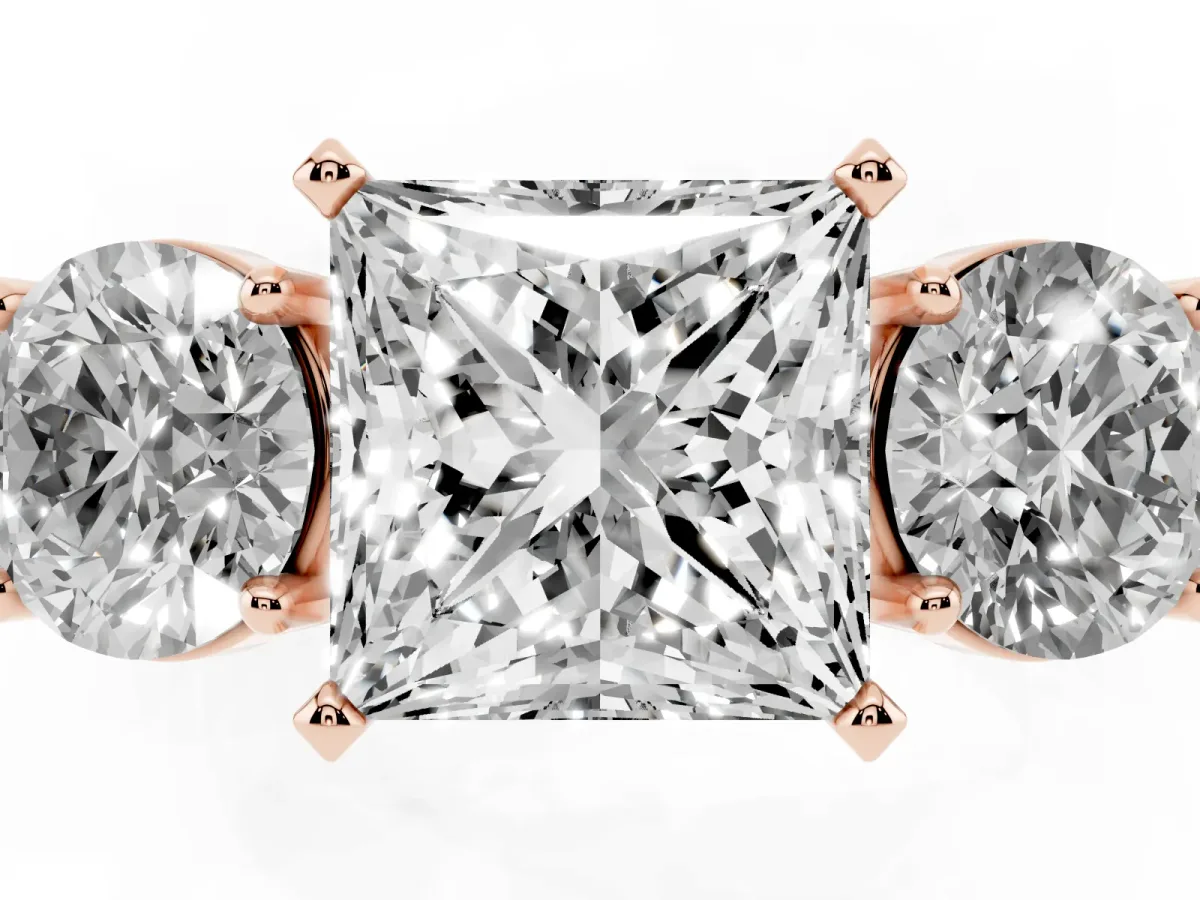 Three-Stone Princess Cut Diamond Ring with Round Side Stones, Classic Band, and Four-Prong Setting Rose gold