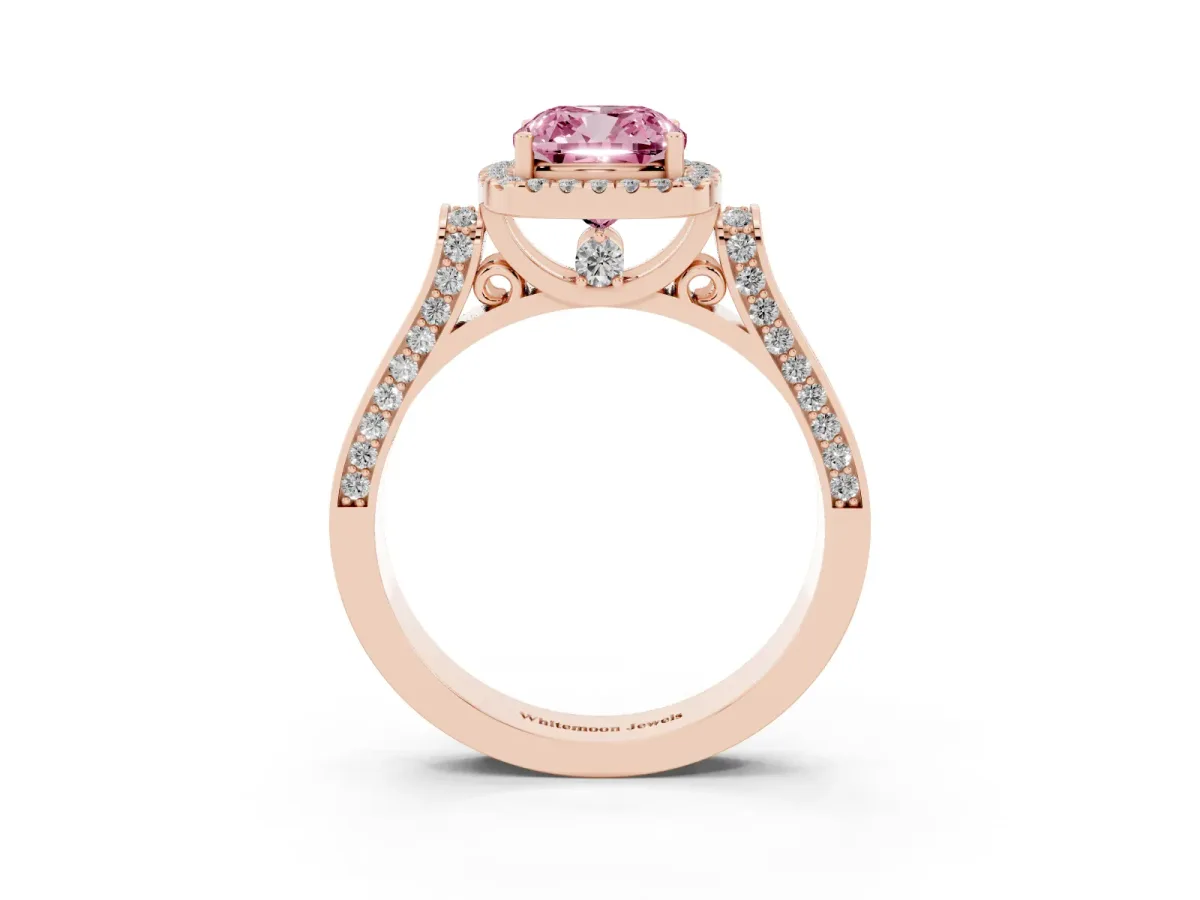 Fancy Pink Cushion Cut Halo Pave Split Shank Prong Setting Ring Rose gold