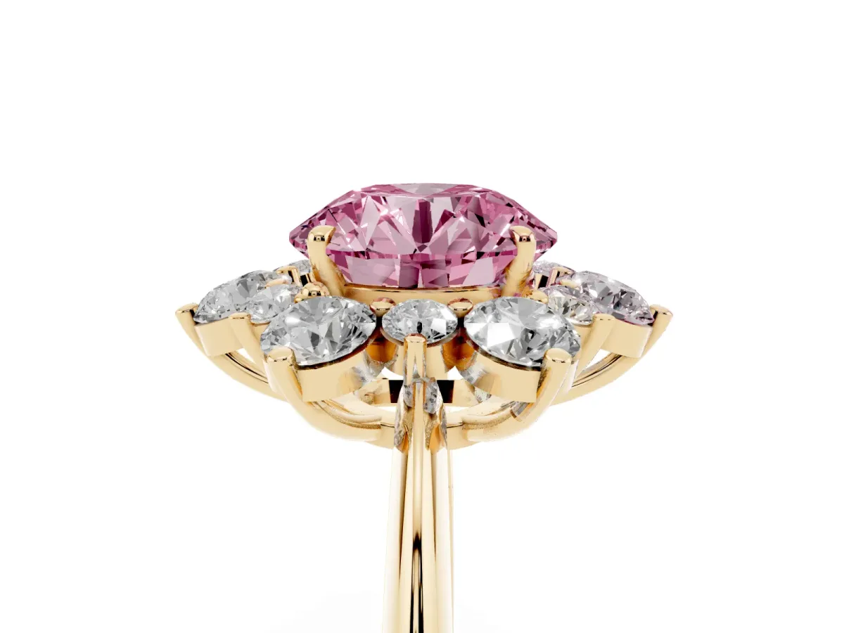 Fancy Pink Round Cut Diamond Cluster Halo Ring with Solitaire Band and Four-Prong Setting Yellow gold