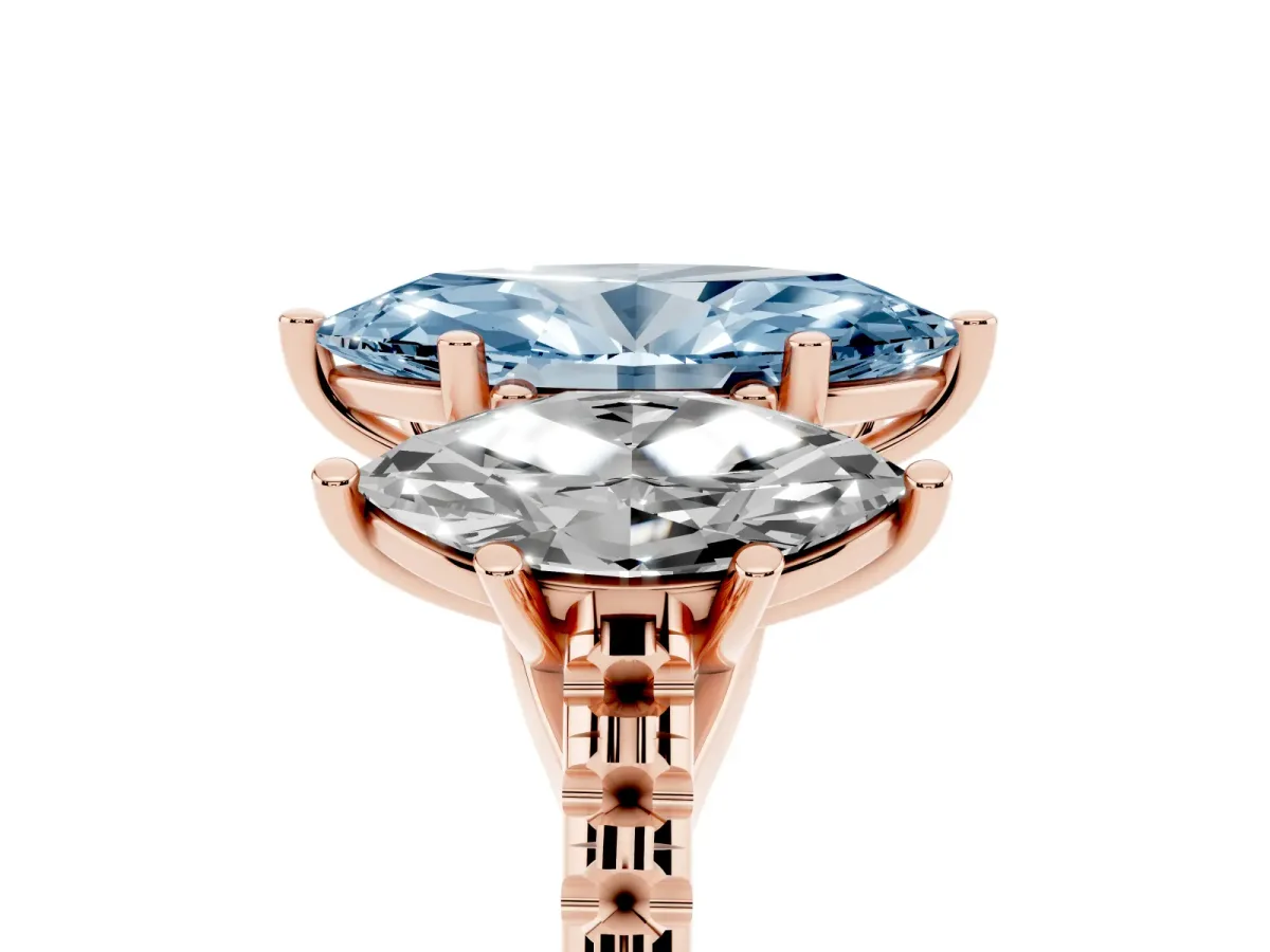 Fancy Blue Three-Stone Marquise Cut Diamond Ring with Round Pavé Band and Prong Setting Rose gold