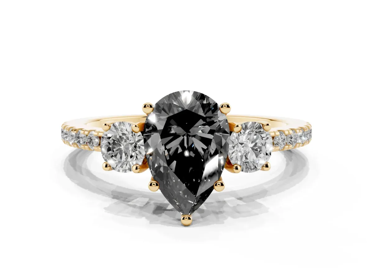 Fancy Black Three-Stone Pear Cut Cut Diamond Pavé Band with Prong Setting Yellow gold