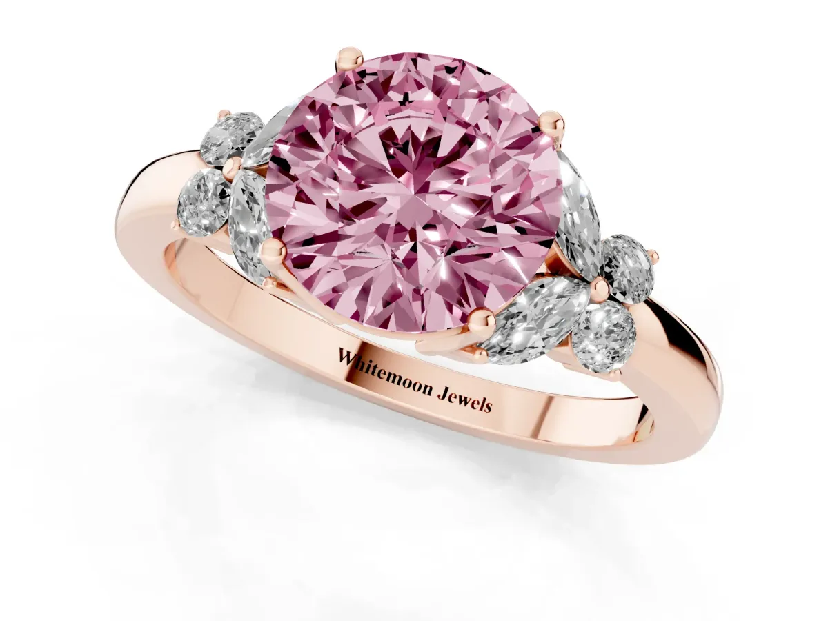 Fancy Pink Round Cut Cut Solitaire Floral Diamond Ring with Four-Prong Setting Rose gold