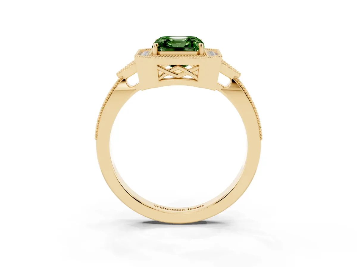 Fancy Green Asscher Cut Halo Round Diamond Milgrain Pave Engagement Ring Yellow gold