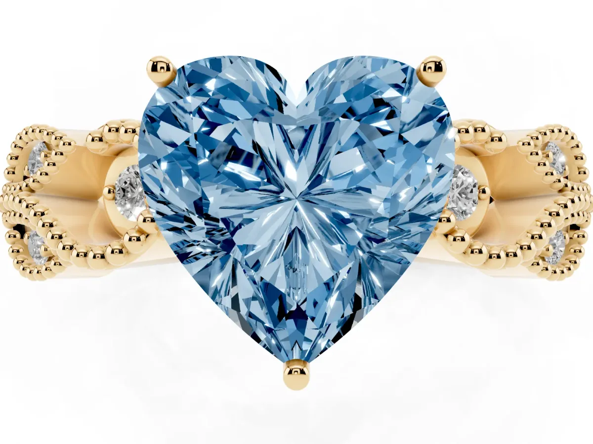 Fancy Blue Heart Cut Solitaire Milgrain Leaf Band with Prong Setting Yellow gold