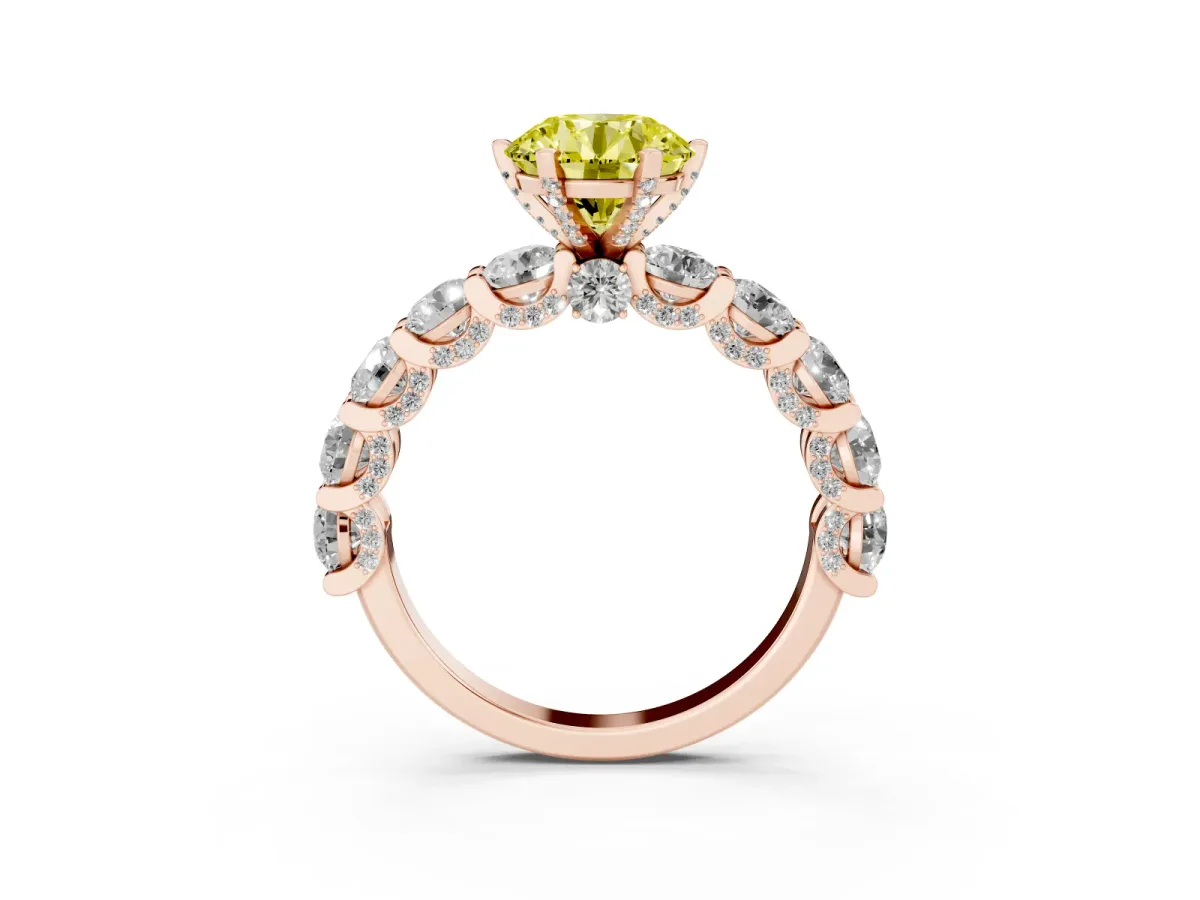 Fancy Yellow Round Cut Diamond Side Stone Engagement Ring with Four-Prong Setting Rose gold