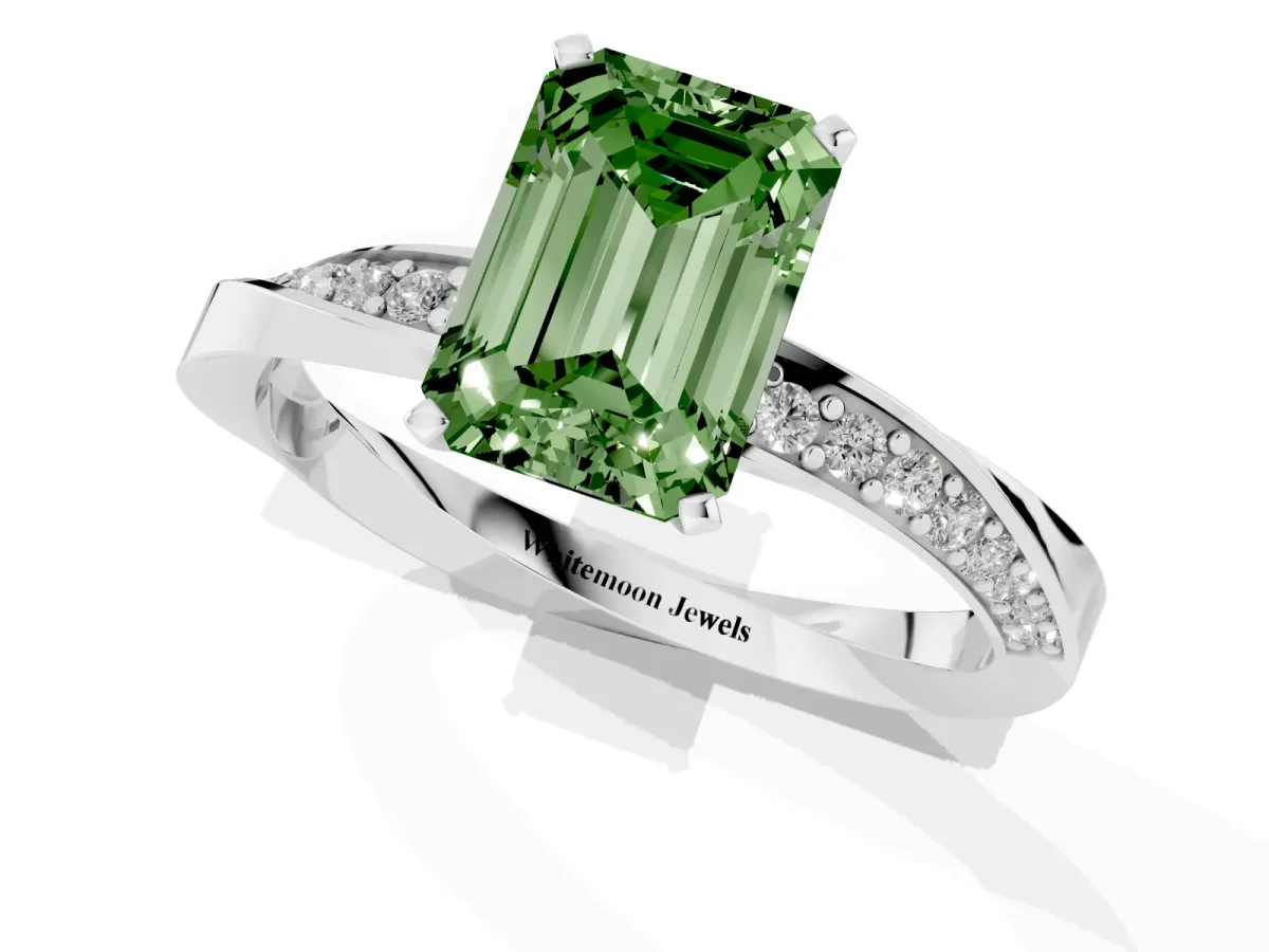 Fancy Green Emerald Cut Diamond Engagement Ring with Side Stone Accents and Four-Prong Setting Silver