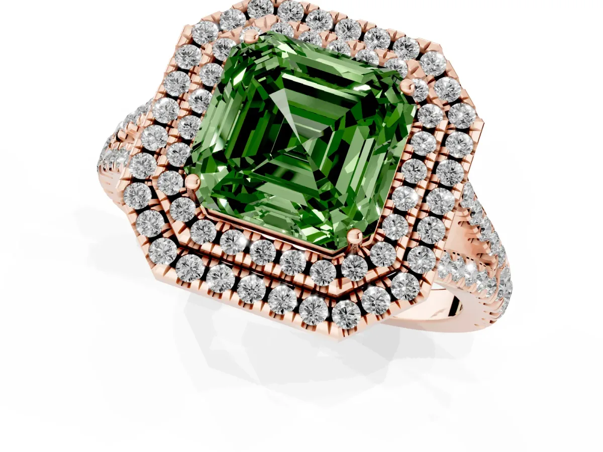 Fancy Green Asscher Cut Diamond Double Halo Ring with Pavé Band and Prong Setting Rose gold