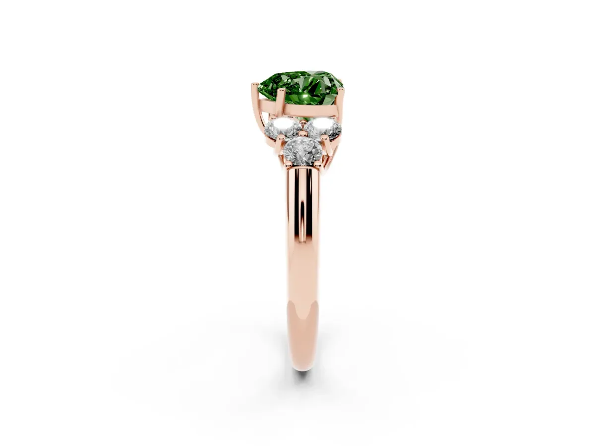 Fancy Green Heart Cut Cut Diamond Cluster Ring with Round Accent Stones and Prong Setting on a Classic Band Rose gold