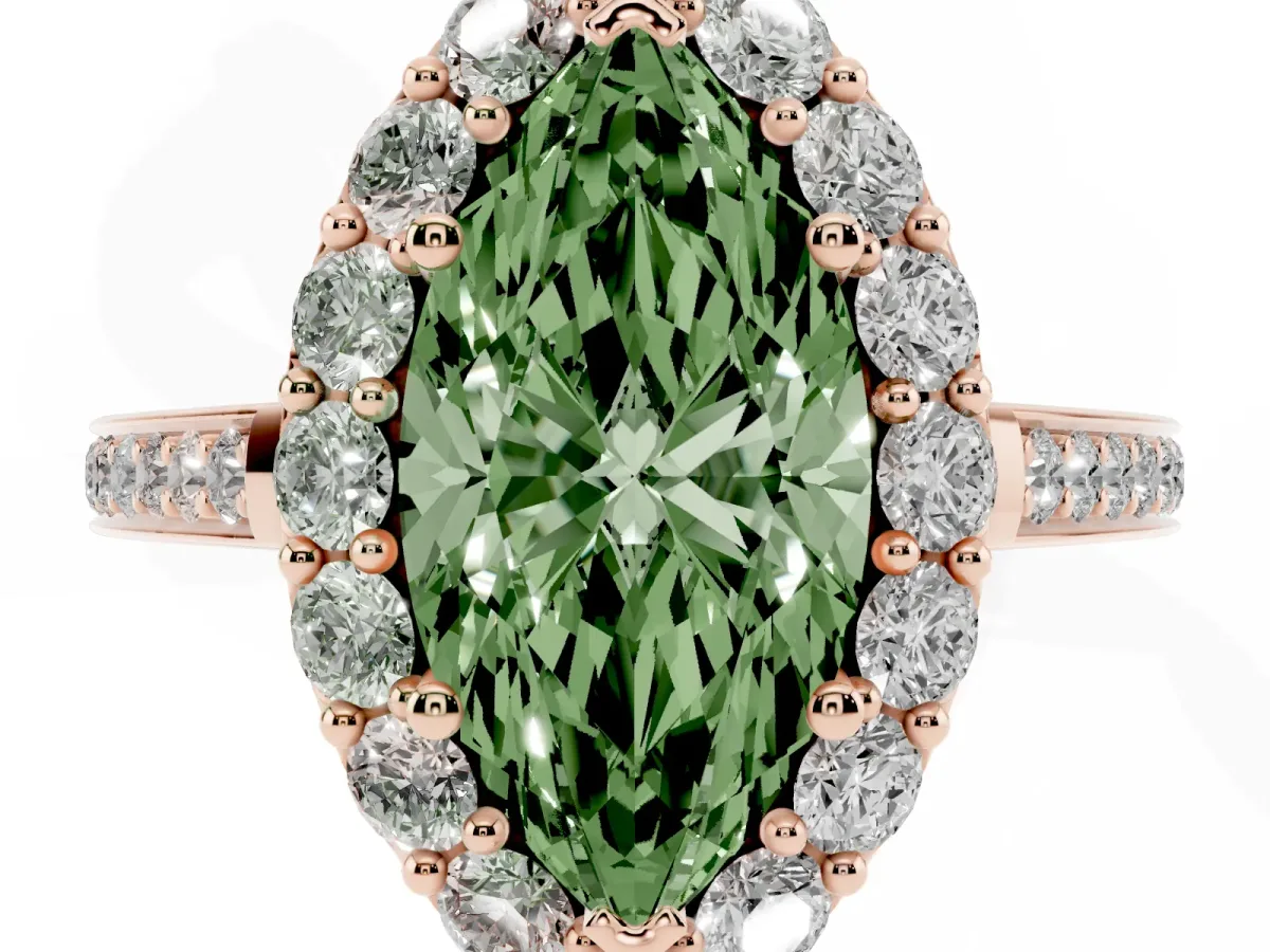 Fancy Green Marquise Cut Diamond Floral Halo Ring with Pavé Band and Prong Setting Rose gold