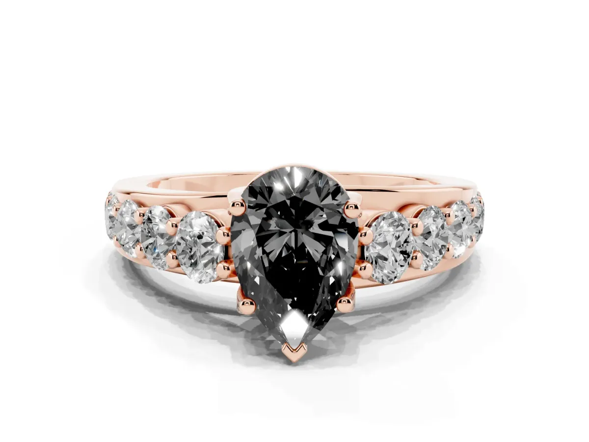 Fancy Black Pear Cut Diamond Engagement Ring with Pavé Band and Four-Prong Setting Rose gold