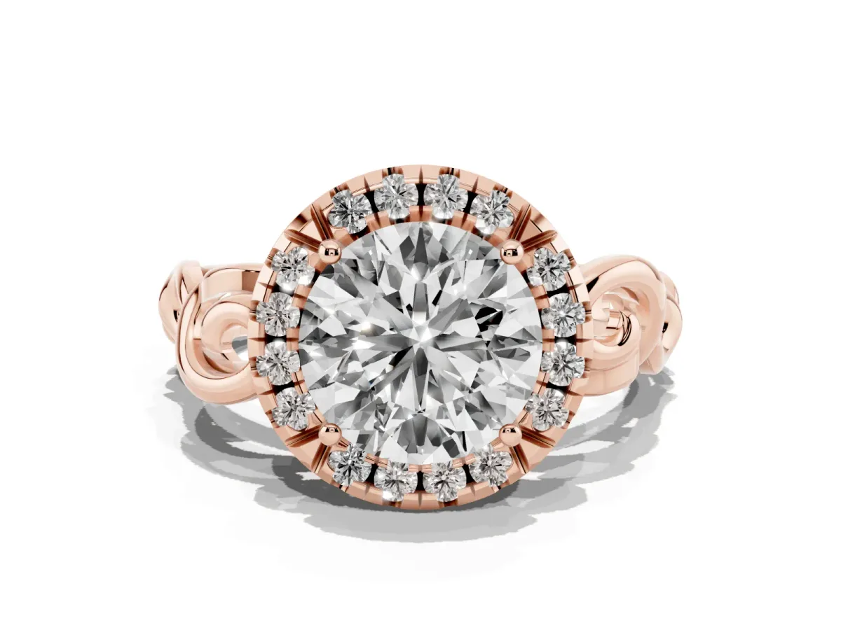 Round Cut Cut Halo Diamond Ring with Scrollwork Band and Four-Prong Setting Rose gold
