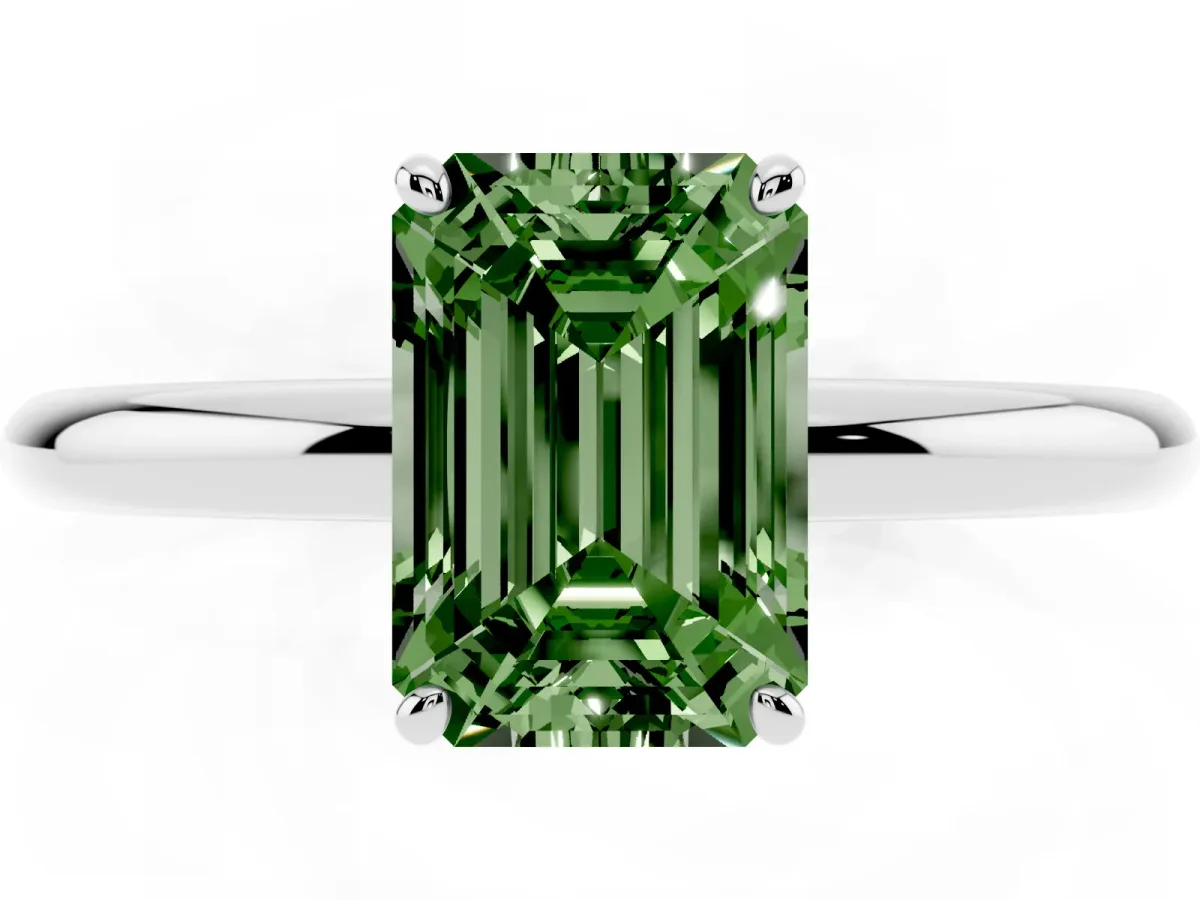 Fancy Green Emerald Cut Solitaire Diamond Ring with Four-Prong Setting on a Plain Band Platinum