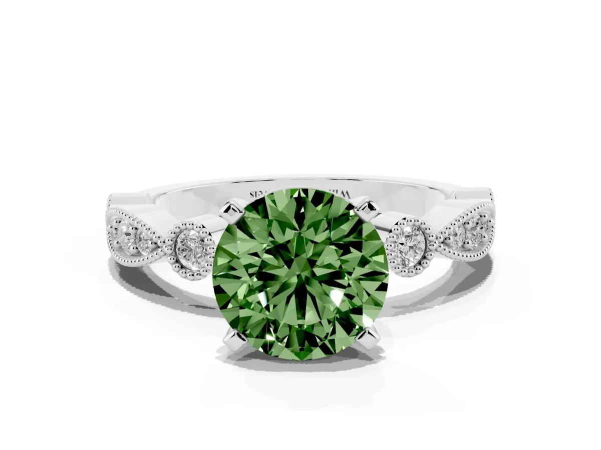 Fancy Green Round Cut Milgrain Bezel Diamond Engagement Ring with Solitaire Prong Setting Silver