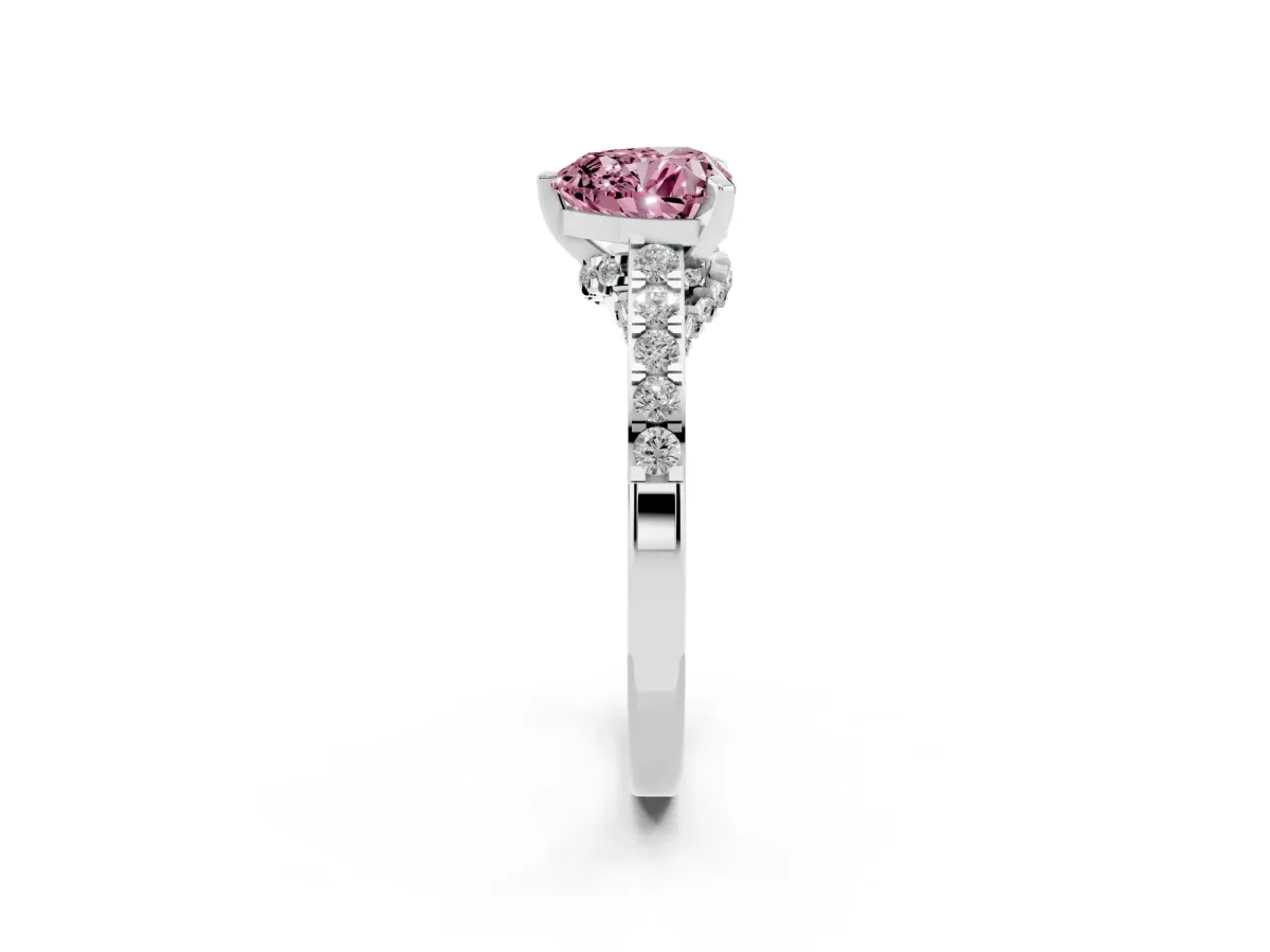 Fancy Pink Heart Cut Diamond Solitaire Ring with Crossover Gallery and Round Pavé Band White gold
