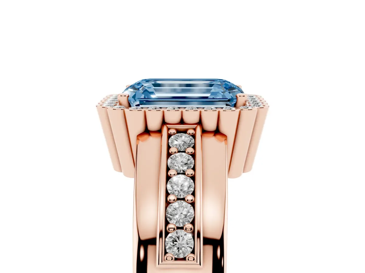 Fancy Blue Emerald Cut Cut Halo Pave Band Four-Prong Ring Rose gold