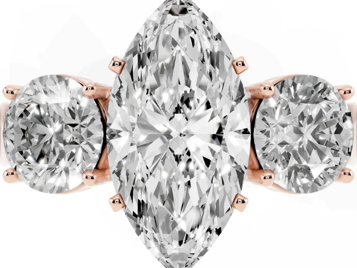 Three-Stone Marquise Cut Diamond Ring with Round Side Stones, Classic Band, and Four-Prong Setting Rose gold