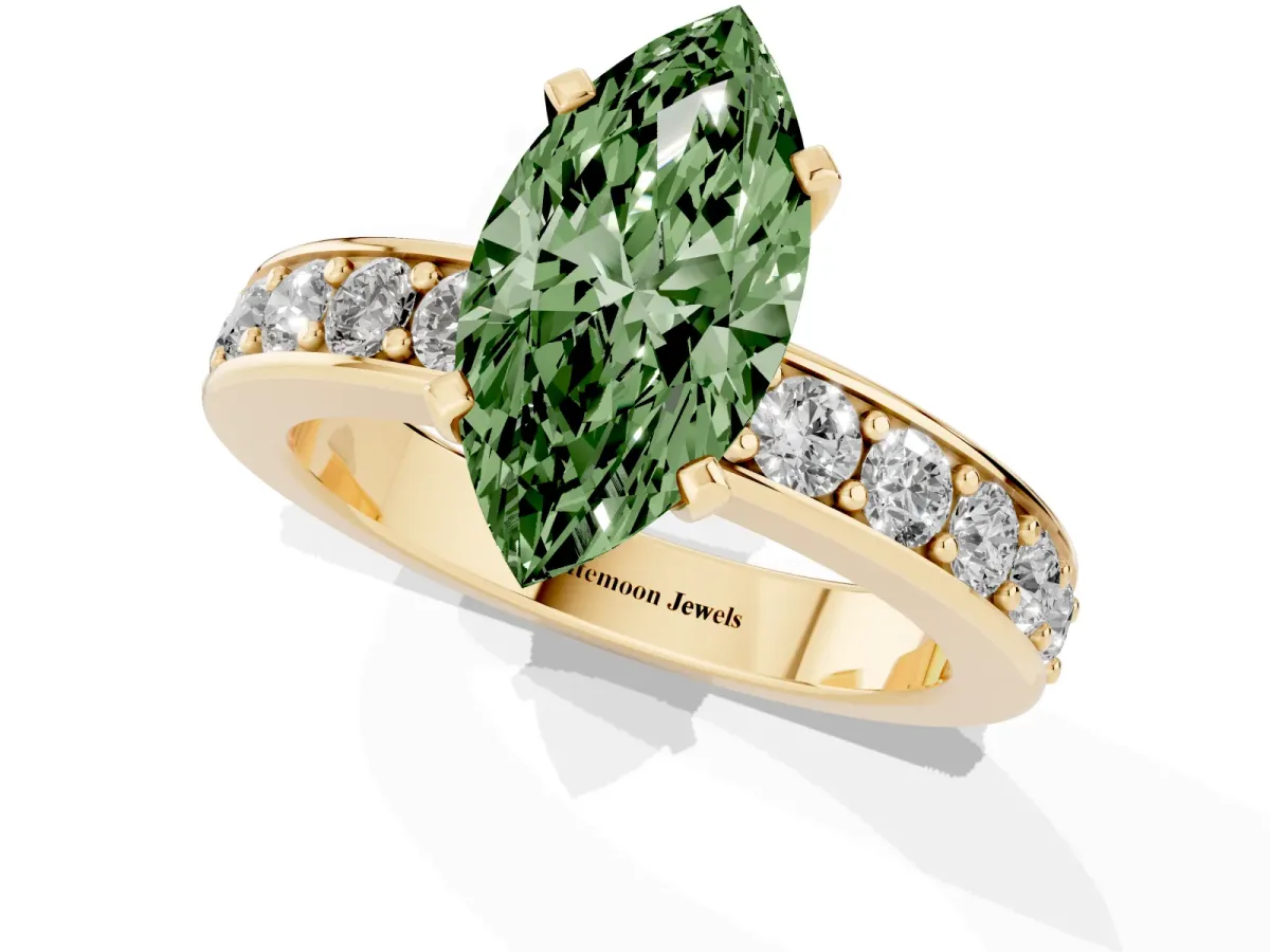 Fancy Green Marquise Cut Diamond Engagement Ring with Channel Set Round Band and Prong Setting Yellow gold