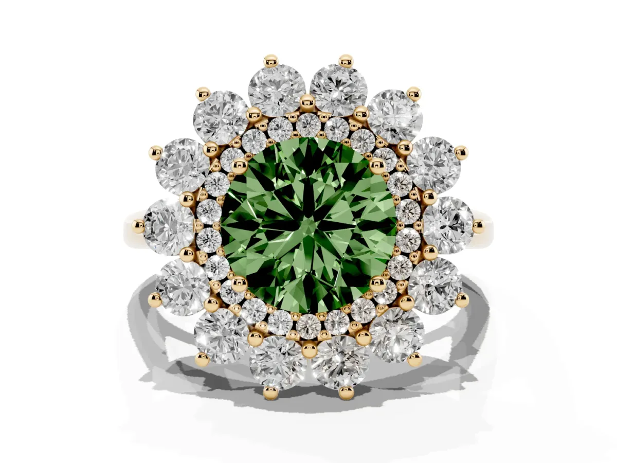 Fancy Green Round Cut Diamond Floral Double Halo Engagement Ring with Prong Setting Yellow gold