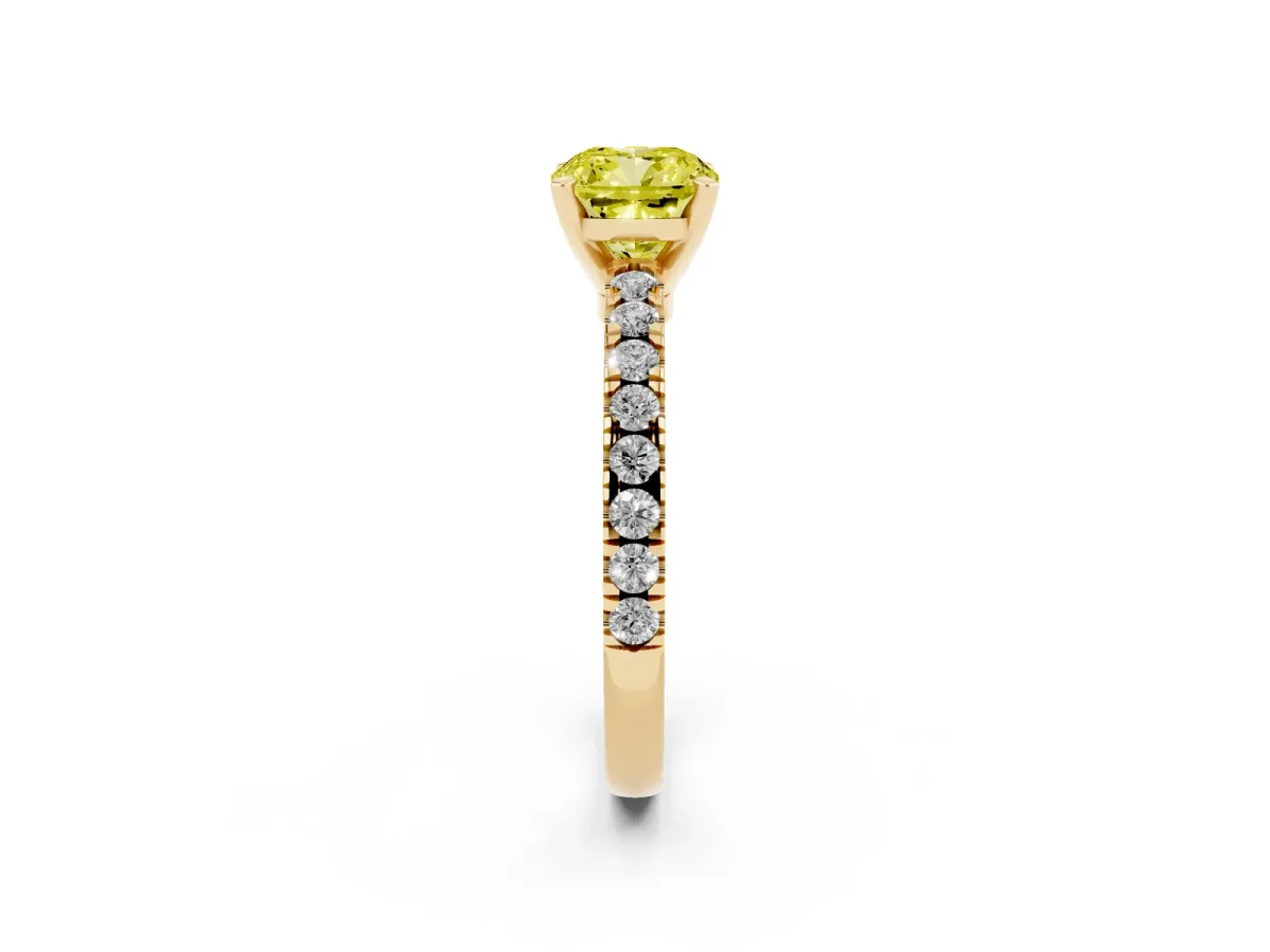 Fancy Yellow Cushion Cut Solitaire Diamond with Pavé Band and Four-Prong Setting Yellow gold