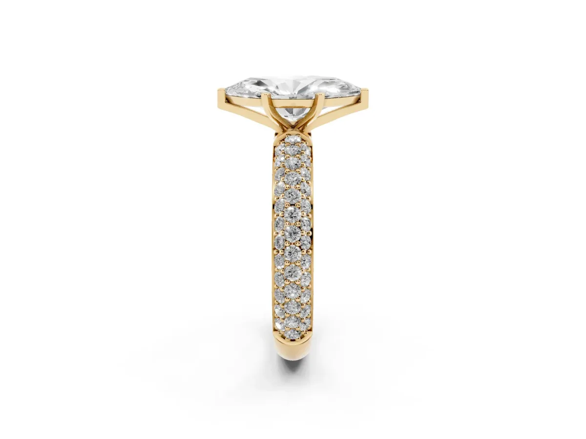 Marquise Cut Diamond Solitaire Ring with Prong Setting and Pavé Band Yellow gold