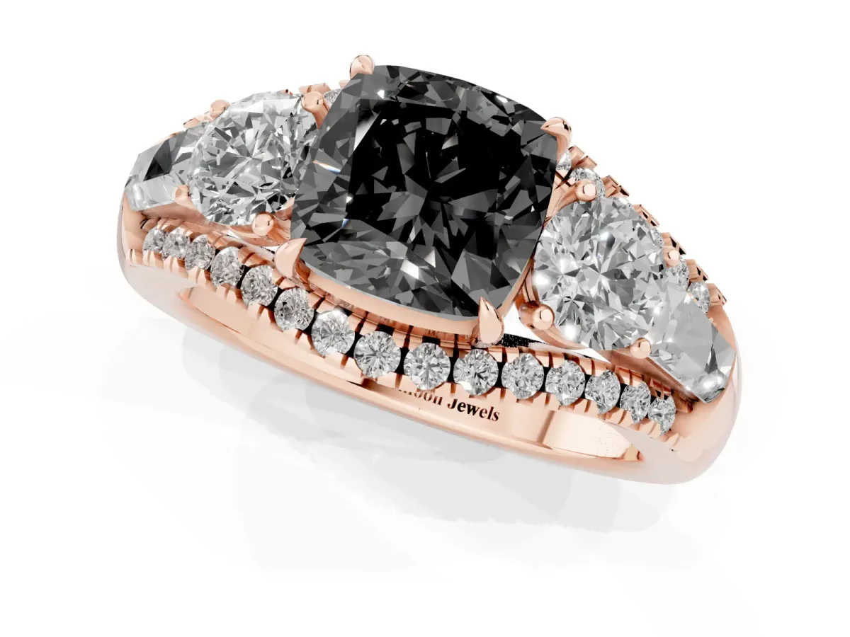 Fancy Black Three-Stone Cushion Cut Diamond Engagement Ring with Pave Band and Prong Setting Rose gold