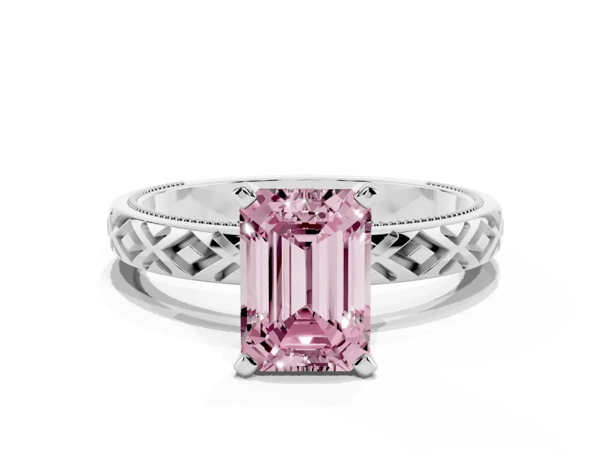 Fancy Pink Emerald Cut Solitaire Diamond Ring with Milgrain and Black Enamel X Pattern Band Platinum