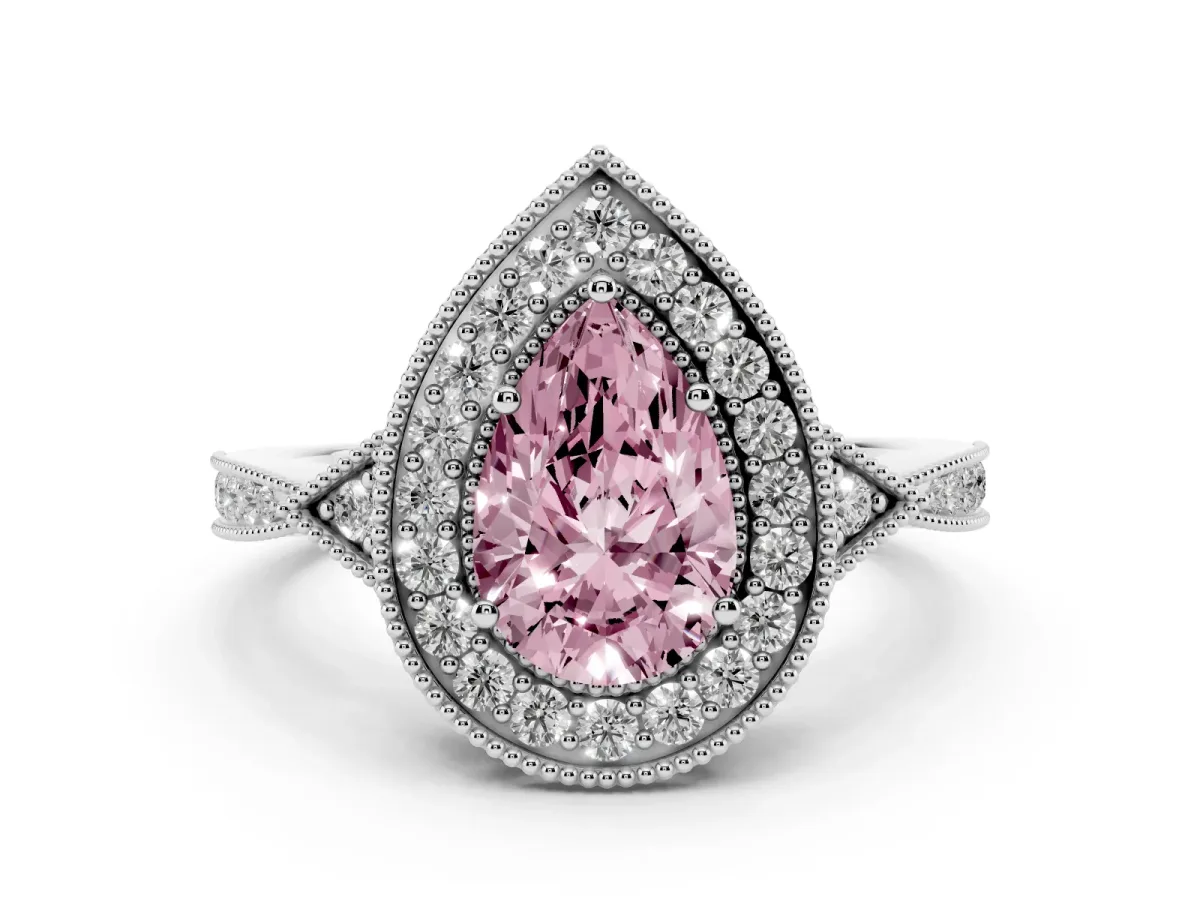 Fancy Pink Pear Cut Halo Round Diamond Milgrain Pave Engagement Ring Platinum
