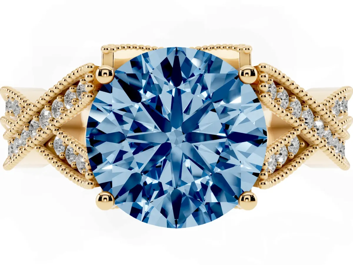 Fancy Blue Round Cut Cut Diamond Twisted Band with Milgrain Pave Setting and Four-Prong Setting Yellow gold