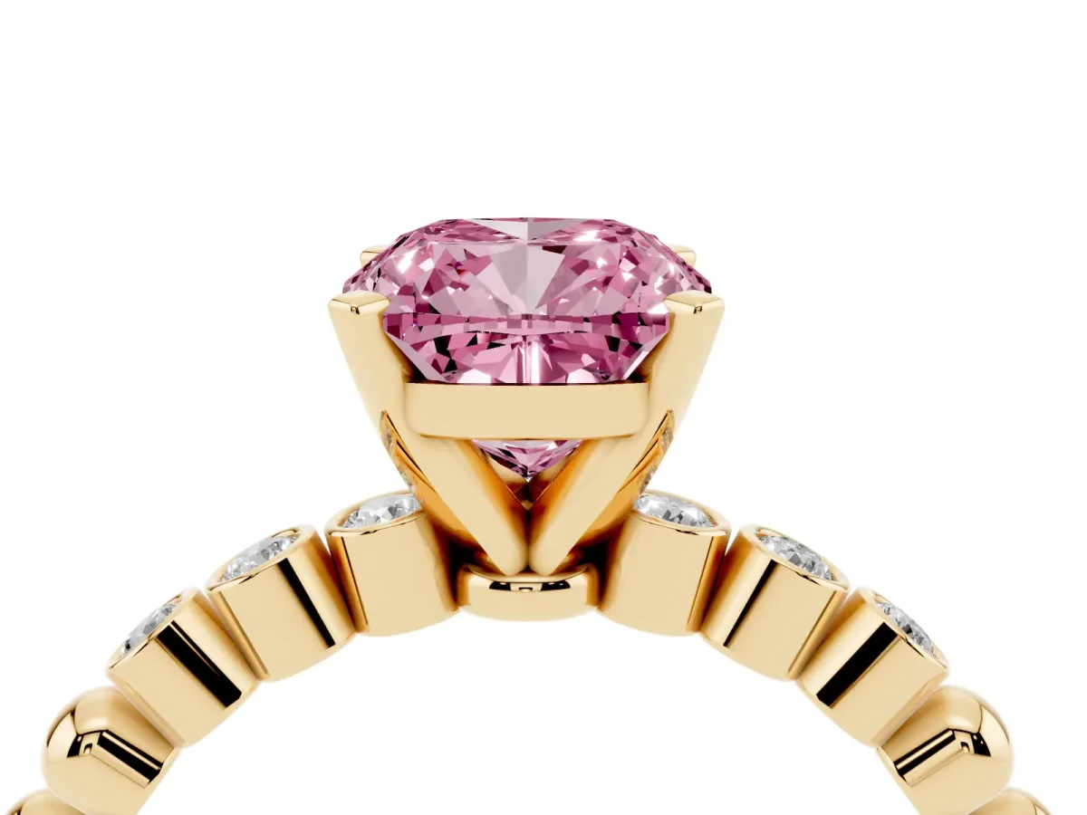 Fancy Pink Cushion Cut Solitaire Bezel Accent Diamond Engagement Ring with Beaded Band and Four-Prong Setting Yellow gold
