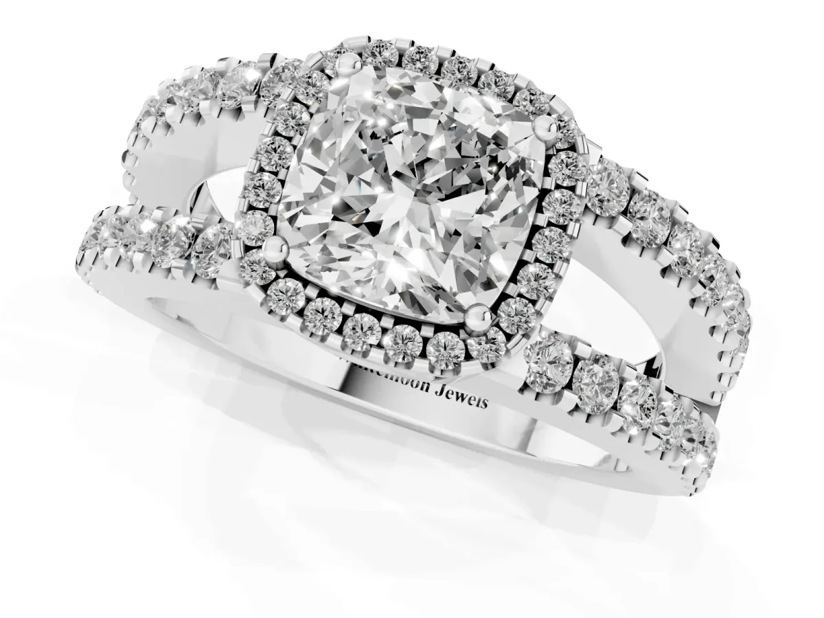 Cushion Cut Cut Halo Split Shank Diamond Ring with Four-Prong Setting White gold
