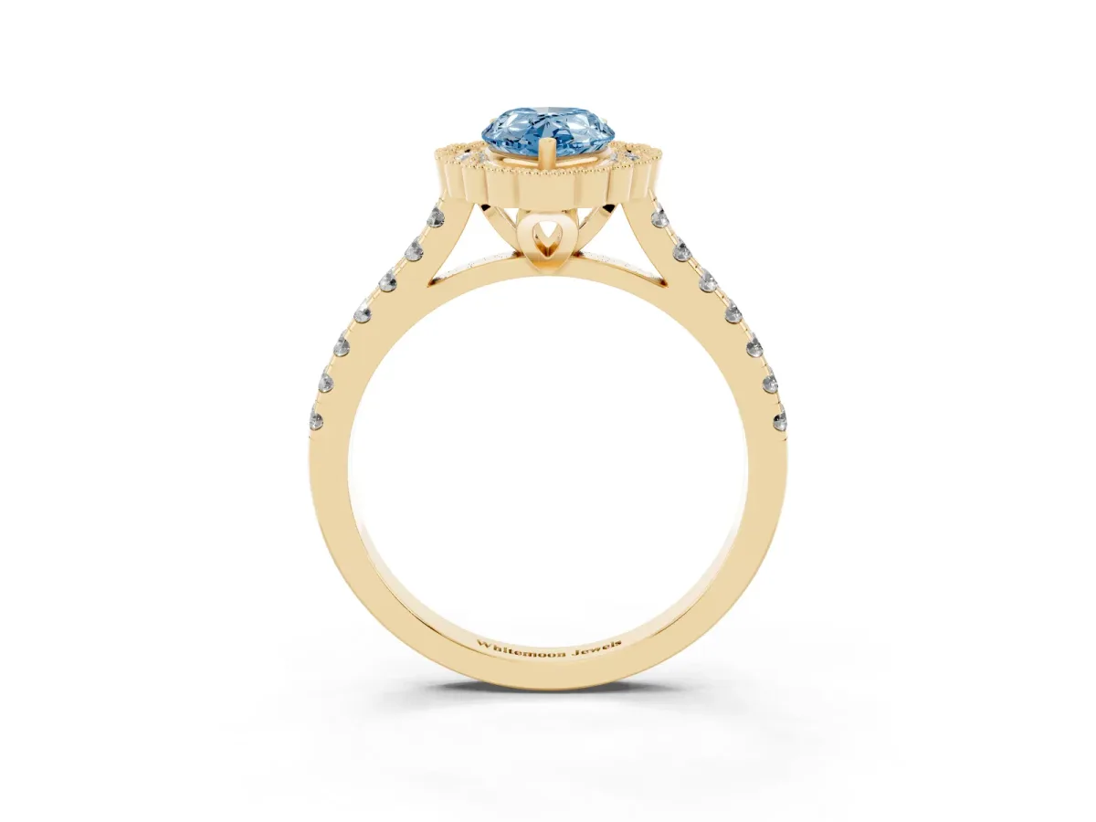 Fancy Blue Pear Cut Cut Diamond Milgrain Floral Halo Engagement Ring with Pavé Band Yellow gold