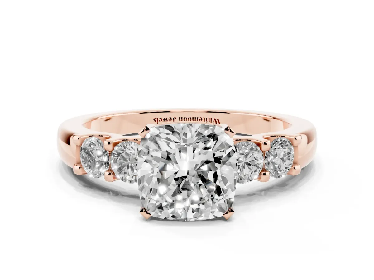 Cushion Cut Brilliant Cut Diamond Five-Stone Prong Set Engagement Ring with Channel Band Rose gold