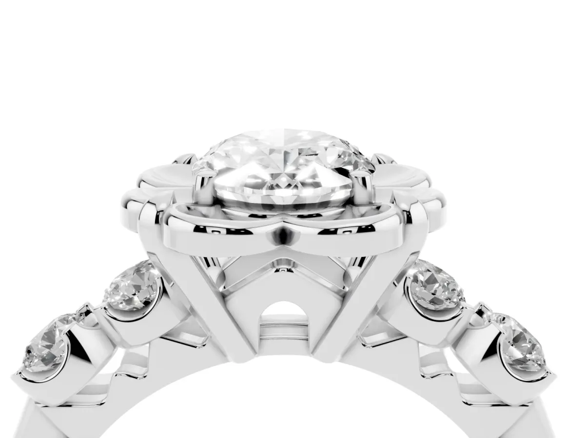 Oval Cut Cut Diamond Floral Halo Engagement Ring with Shared Prong Setting Platinum