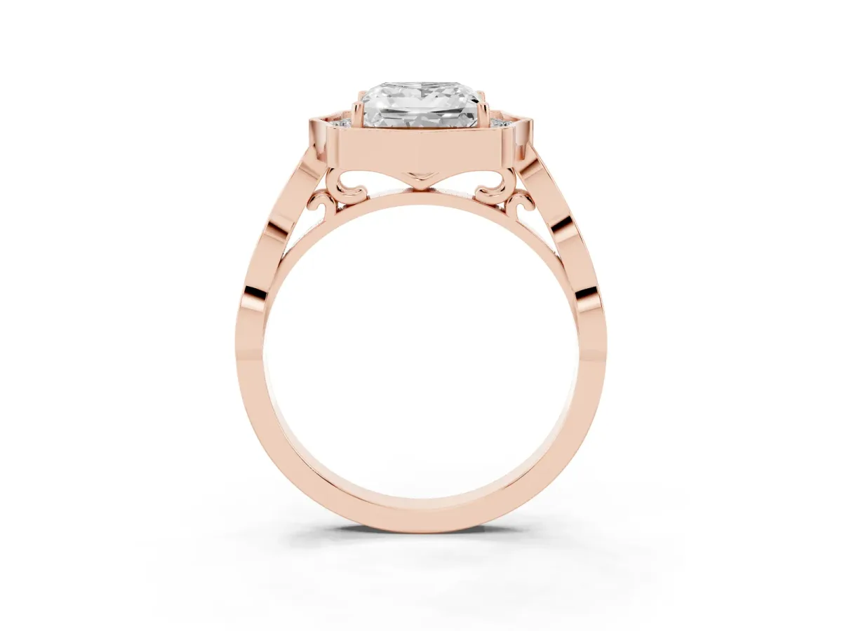 Princess Cut Halo Diamond Engagement Ring with Milgrain Band and Four-Prong Setting Rose gold