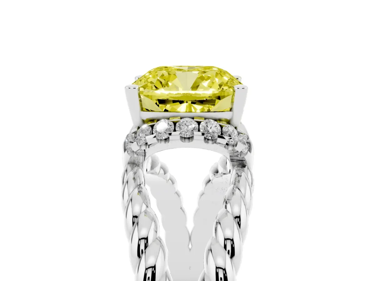 Fancy Yellow Cushion Cut Halo Twisted Band Four-Prong Ring Silver