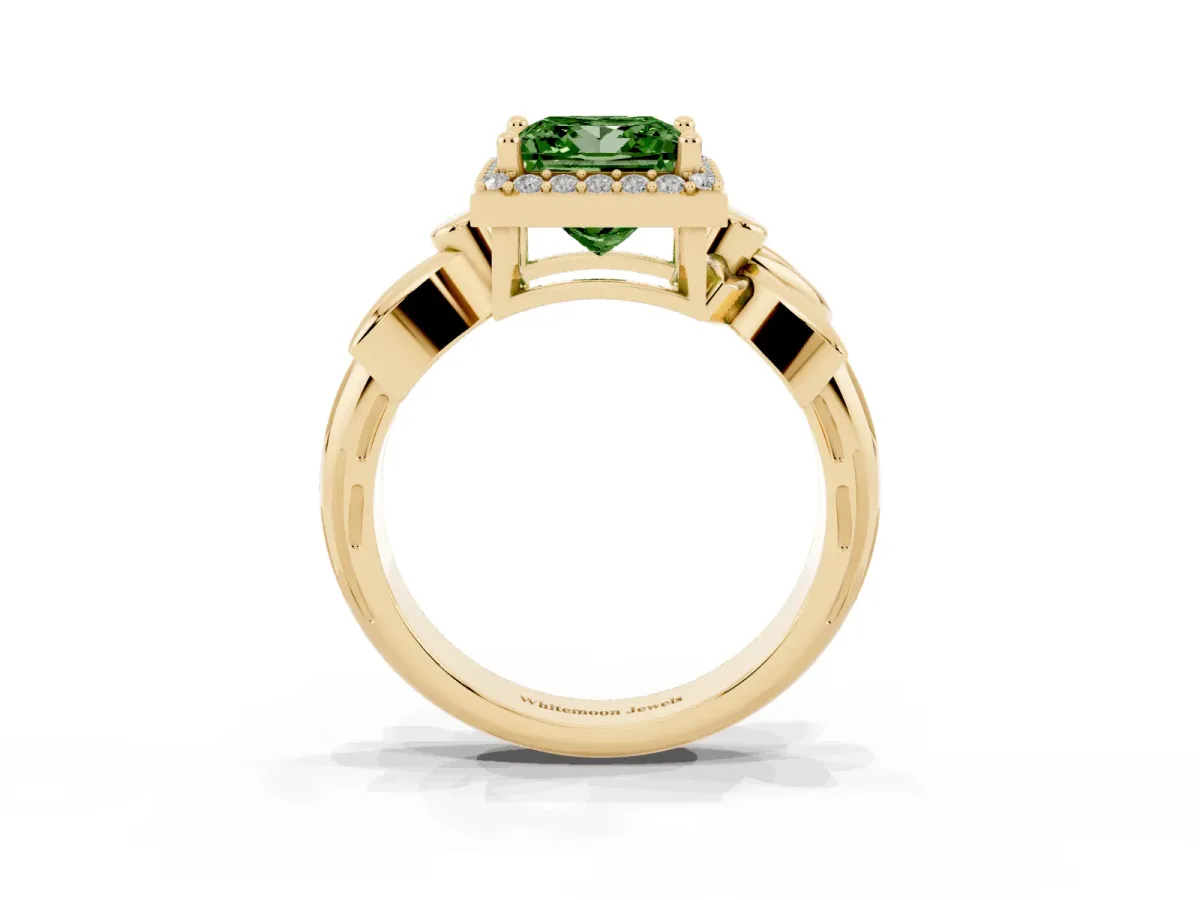 Fancy Green Princess Cut Halo Diamond Floral Band with Four-Prong Setting Yellow gold