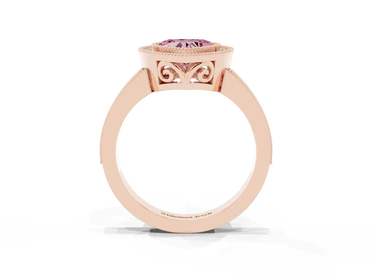 Fancy Pink Heart Cut Cut Halo Diamond Ring with Pavé Band and Milgrain Prong Setting Rose gold