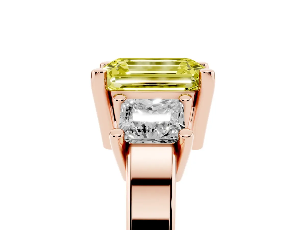 Fancy Yellow Three-Stone Emerald Cut Cut Solitaire Ring with Prong Setting Rose gold