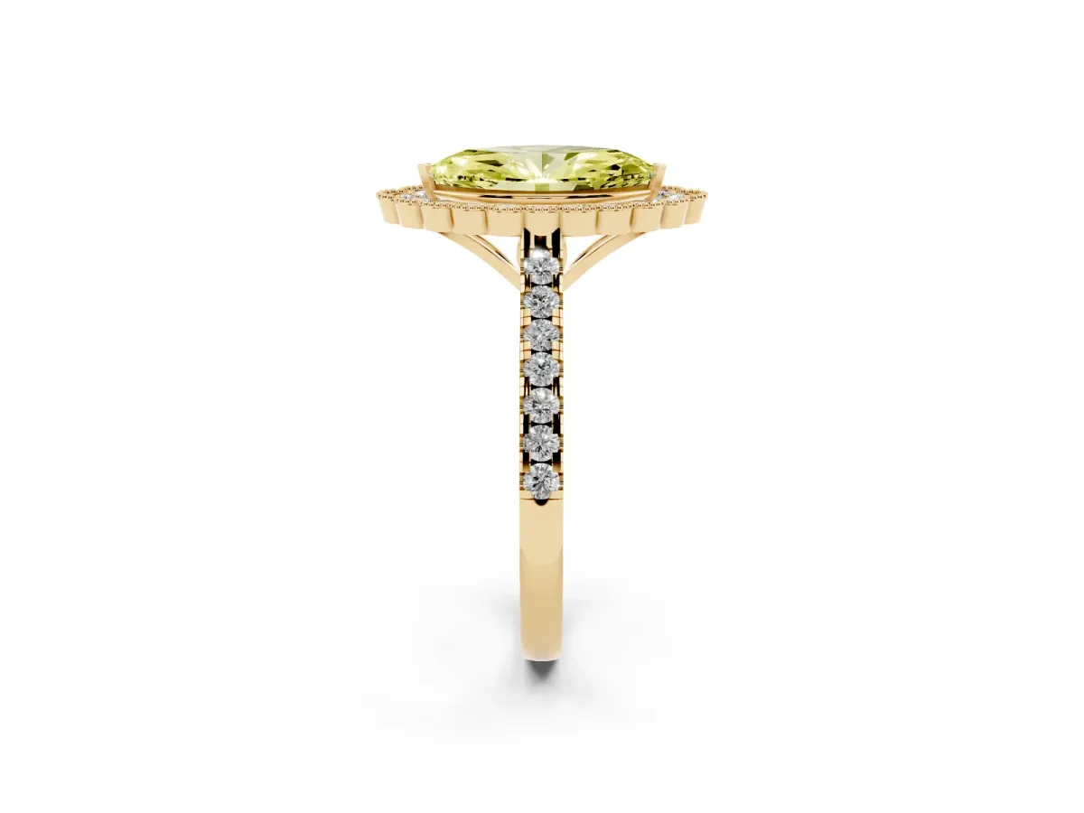 Fancy Yellow Marquise Cut Cut Diamond Milgrain Floral Halo Engagement Ring with Pavé Band Yellow gold