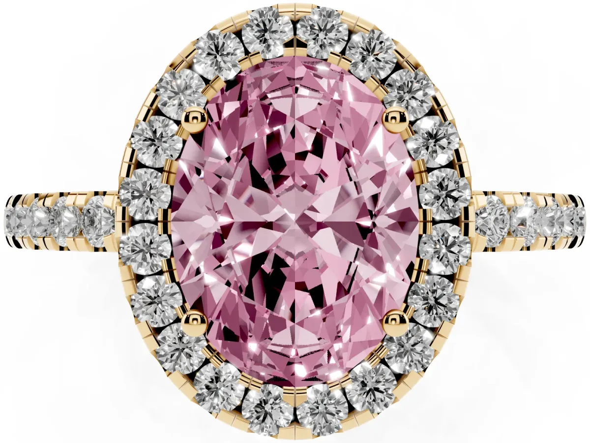 Fancy Pink Oval Cut Halo Diamond Engagement Ring with Pavé Band and Four-Prong Setting Yellow gold