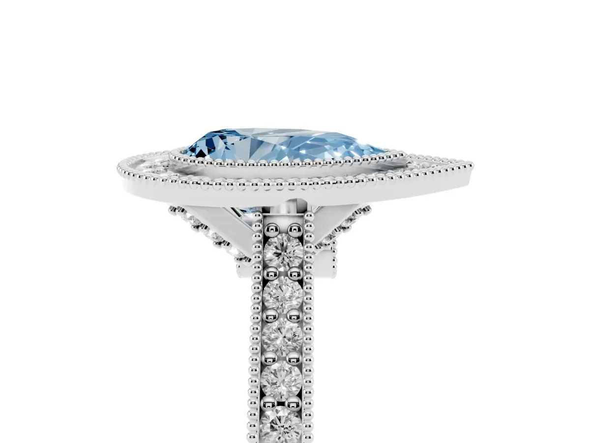 Fancy Blue Halo Pear Cut-Cut Diamond Pave Band Milgrain Prong Setting Ring Silver