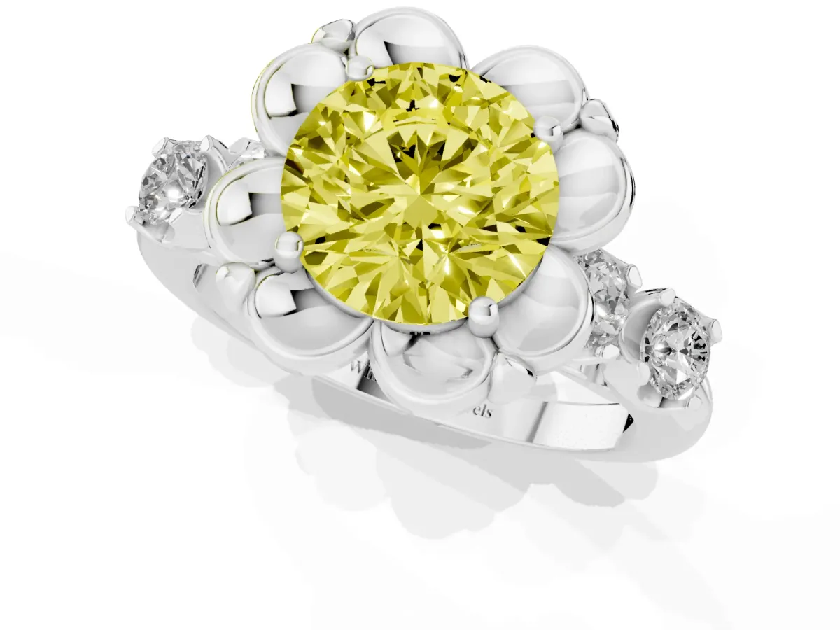 Fancy Yellow Round Cut Cut Diamond Floral Halo Engagement Ring with Shared Prong Setting Silver